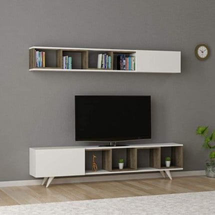 وحدة تليفزيون مع مكتبة علوية 30×180 سم – بيج أبيض – TV061