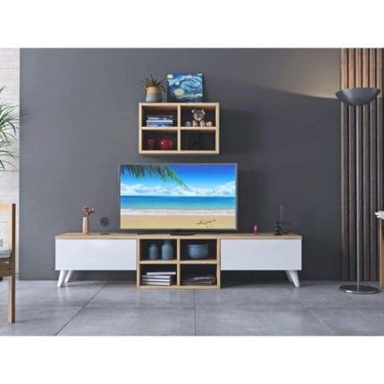 وحدة تليفزيون مع رف علوي 30×160 سم – بيج أبيض – TV063