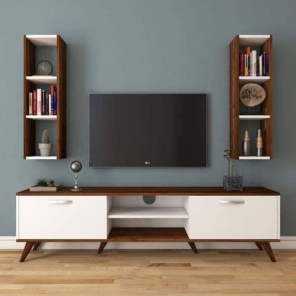 وحدة تليفزيون مع ارفف علوية 30×150 سم – أبيض  بنى– TV072