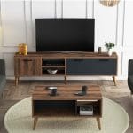 طقم قطعتين ترابيزة قهوة و ترابيزة تلفزيون 180- بنى مع أسود - TV017